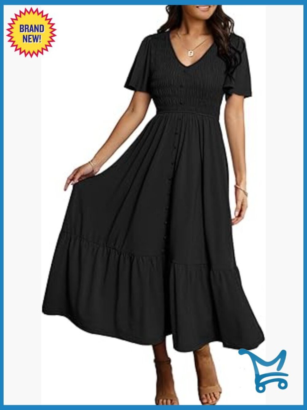 Womens Summer Smocked Flowy Dress - Flutter Sleeve Tiered Boho Maxi with Pockets